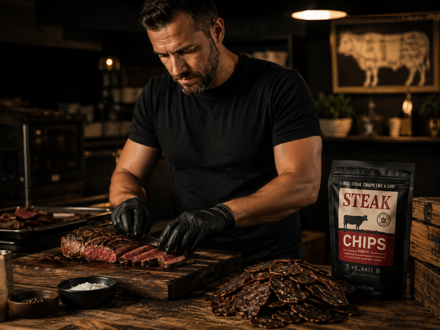 Alex Soukouriadis, founder of Steak Chips, slicing ribeye in the kitchen