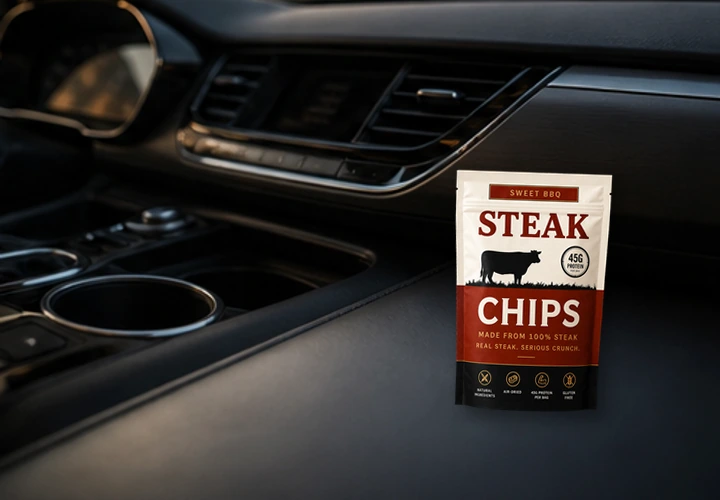 Steak Chips on the go in a car