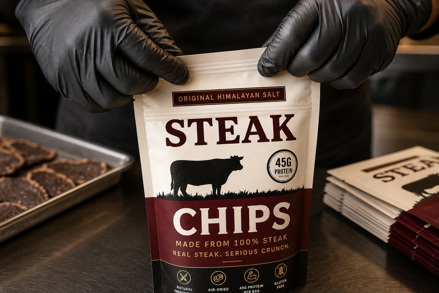 A gloved hand sealing a fresh Steak Chips pouch