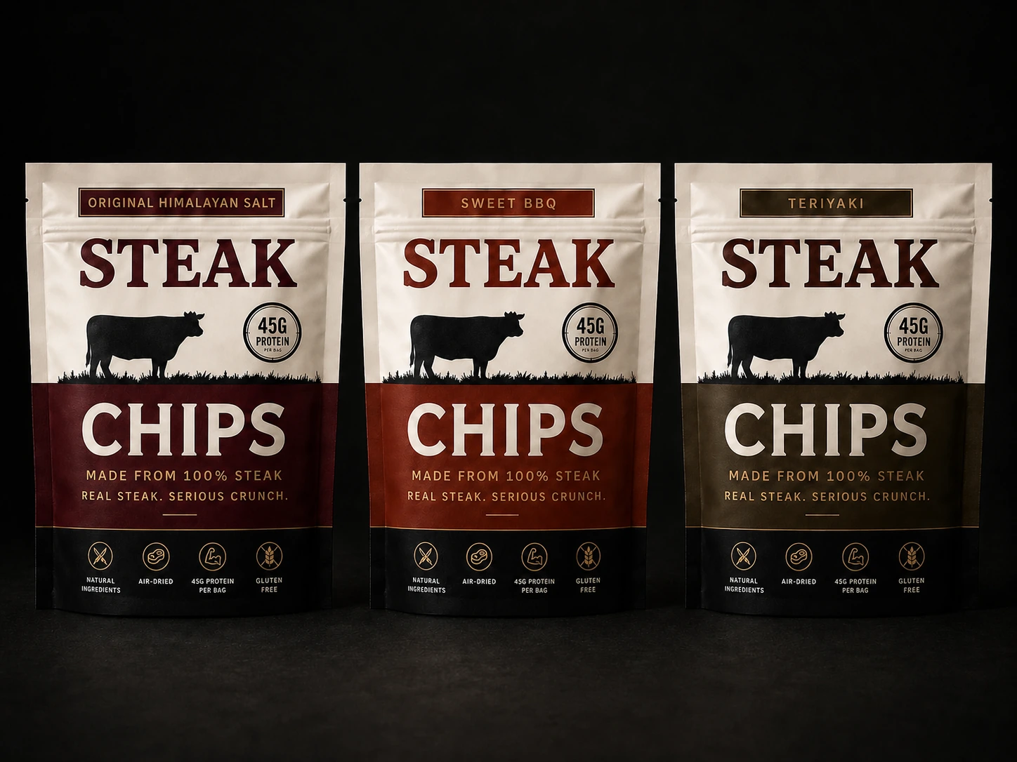 Two Steak Chips pouches with air-baked steak chips
